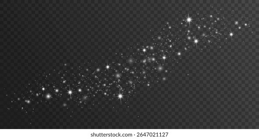 Abstract flying lights with glowing stars isolated on a dark transparent background. Light effect of dynamic magical particles for Christmas or New Year backdrop. Vector illustration.