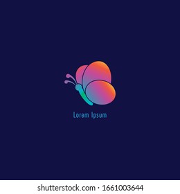 Abstrakter Neon Butterfly mit abgerundeten Flügeln. Tierisches Logo-Konzept einzeln auf blauem Navy-Hintergrund. Farbige orange rosa Violett Tosca Blauer Gradation Farbe. Geeignet für Beauty- und Modeprodukte