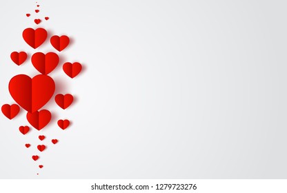 Abstract flying red hearts on red background. Valentines day concept