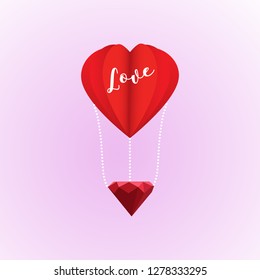 Abstract flying red heart-shaped balloon on a pink background. Postcard to the Valentine's Day. Vector illustration.