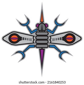An abstract flying robotic android bug as seen from above