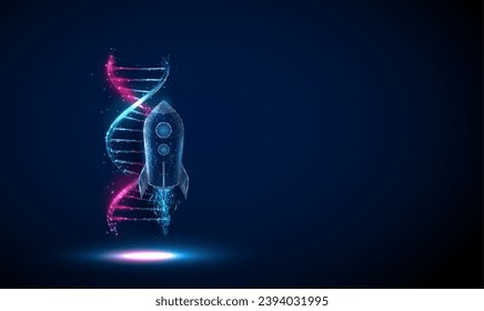 Abstrakte fliegende Rakete und eine blaue und violette 3D-DNA-Molekül-Helix. Konzept der Biotechnologie. Low-Poly-Stil. Geometrischer Hintergrund. Wireframe-Lichtverbindungsstruktur Moderner 3D-grafischer Vektorgrafik