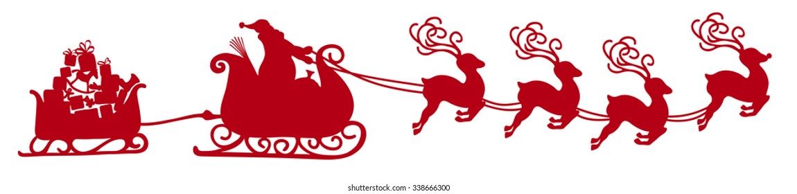 Abstract Flying Santa Claus with Reindeer Sled and Trailer with Gifts - Vector Illustration - Red Shape - Panorama - Banner with White Background. Isolated X-Mas Symbol, Icon - Christmas Season