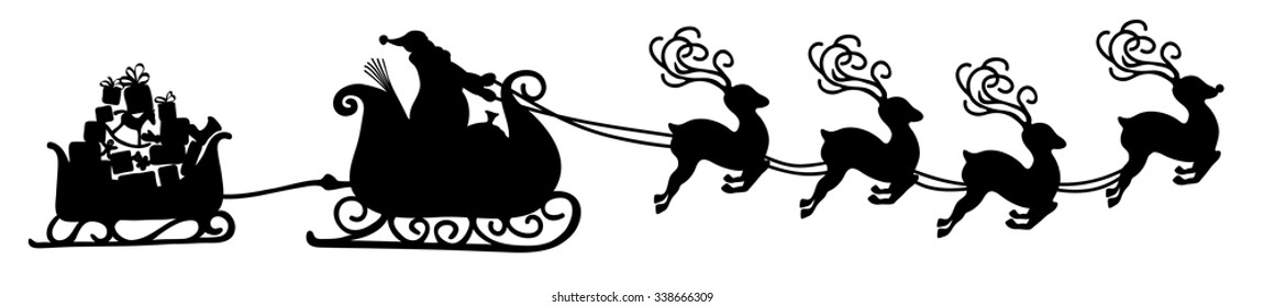 Abstract Flying Santa Claus with Reindeer Sled and Trailer with Gifts - Vector Illustration - Black Shape - Panorama - Banner with White Background. Isolated X-Mas Symbol, Icon - Christmas Season
