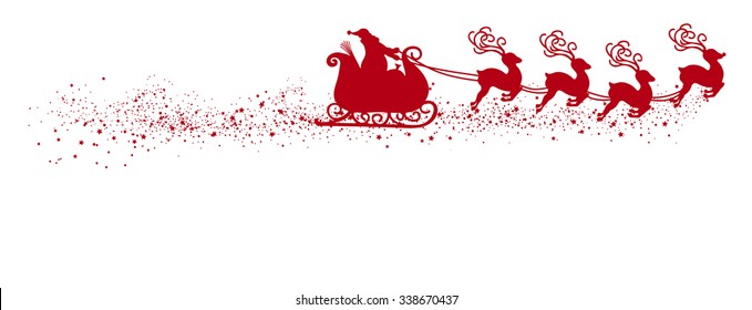 Abstract Flying Santa Claus with Reindeer Sled Vector Illustration - Red Shape - Silhouette with Snow and Starlet Tail. Panorama - Banner with White Background. Isolated X-Mas Symbol.