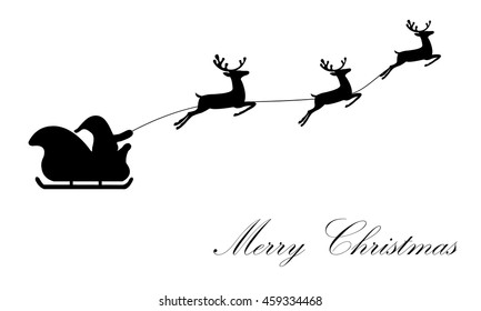 Abstract Flying Santa Claus with Reindeer Sled - Vector Illustration - Black Shape - Panorama - Banner with White Background. Isolated Christmas Season - Jumping Fawn