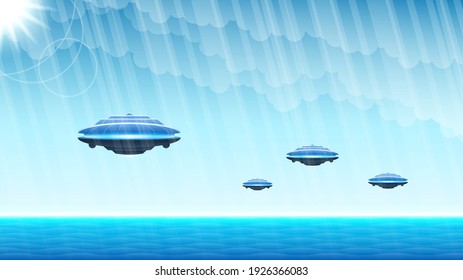 Abstract Flying Saucers In Blue Background Unidentified Flying Object Ufo Water Clouds Vector Design Style