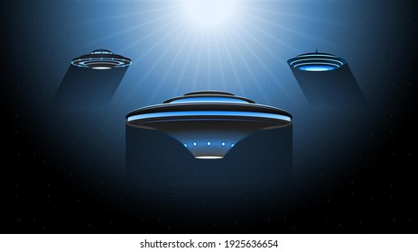 Abstract Flying Saucers In Dark Background Gradient Unidentified Flying Object Ufo Stars Glow Vector Design Style