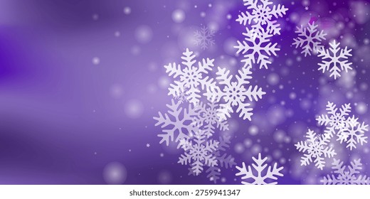 Abstract flying snowflakes backdrop. Winter speck ice particles. Snowfall weather white purple composition. Soft snowflakes christmas theme. Snow hurricane scenery.
