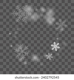 Abstract flying snowflakes design. Winter dust crystallic granules. Snowfall weather white transparent background. Rime snowflakes december theme. Snow hurricane scenery.
