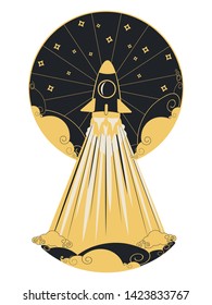 Abstract flying space shuttle poster design, vintage illustration.