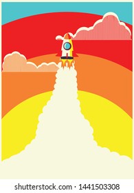 Abstract flying space shuttle poster design, vintage illustration.