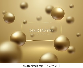 Abstract flying sphere golden balls on studio background. Rectangular gold frame header. Blurred globes. Luxury trendy design for cosmetic poster or package label