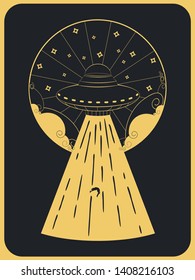 Abstract flying ufo ship vintage poster design, flying saucer illustration.