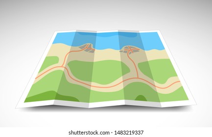 Abstract Folding Map, Isometric, Towns And Lake Or Sea, Vector Illustration 