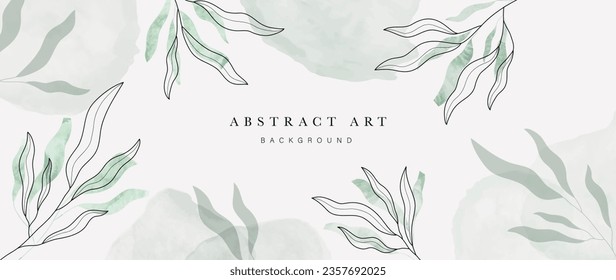 Abstract foliage art background vector. Botanical watercolor hand drawn leaves paint brush line art. Design illustration for wallpaper, banner, print, poster, cover, greeting and invitation card.