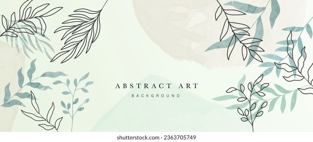 Abstract foliage art background vector. Botanical watercolor hand drawn leaves paint brush line art. Design illustration for wallpaper, banner, print, poster, cover, greeting and invitation card.
