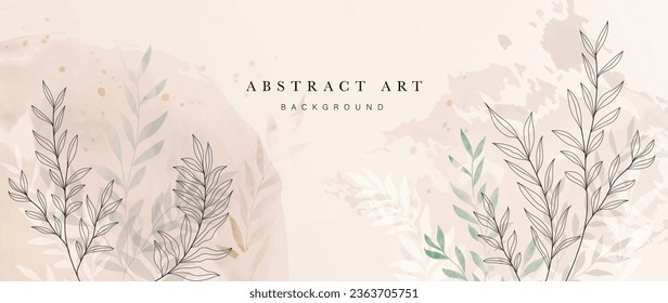 Abstract foliage art background vector. Botanical watercolor hand drawn leaves paint brush line art. Design illustration for wallpaper, banner, print, poster, cover, greeting and invitation card.