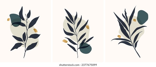 Conjunto de vector de arte folicular abstracto. Hojas, formas orgánicas, trazos dorados, rama de hojas, árbol, dibujado a mano. Diseño de lujo de la colección de decoración de paredes para interiores, afiche, cubierta, banner	