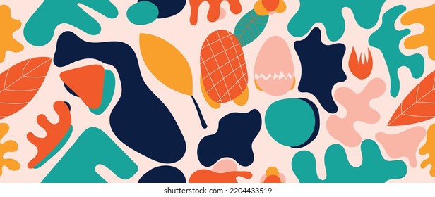 Resumen del vector de fondo follaje. Papel colorido con formas orgánicas, hoja, flor, follaje, coral. Diseño de patrones impecable para tapicería, estampado, cubierta, tela, arte mural y decoración casera.