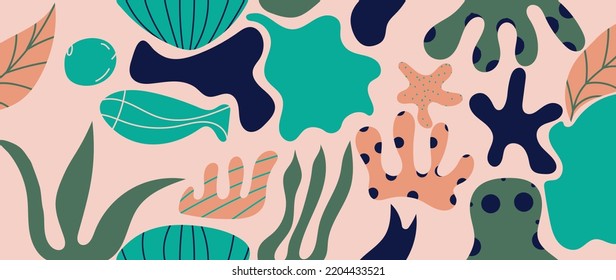 Abstract foliage background vector. Colorful wallpaper with organic shapes, leaf, flower, foliage, coral. Seamless pattern design for wallpaper, prints, cover, fabric, wall art and home decor.