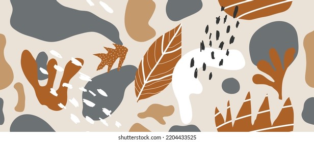 Abstract foliage background vector. Earth tone wallpaper with organic shapes, leaf, flower, foliage, line art. Seamless pattern design for wallpaper, prints, cover, fabric, wall art and home decor.