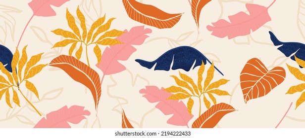 Abstract foliage background vector. Tropical botanical wallpaper with leaf art, leaf, flower, leaves. Seamless pattern design for wallpaper, prints, cover, fabric, wall art and home decor.