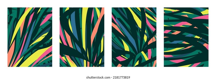 Abstract foliage backgrounds set with multicolored tropical leaves. Modern vector illustration of exotic plants mixes. Trendy contemporary design for artistic cards, creative banners or playful prints