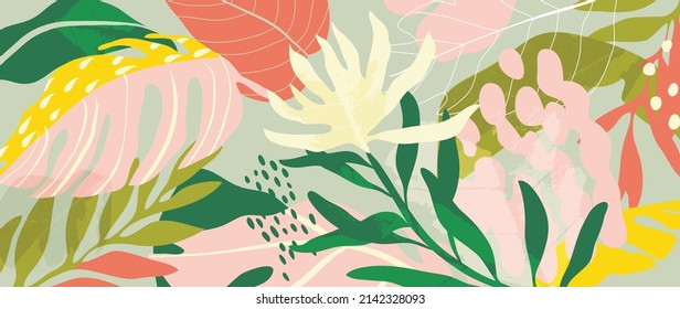 Abstract foliage and botanical background. Colorful tropical wallpaper of palm, monstera leaves, branch and jungle. Exotic plants in summer on green background for banner, prints, decor, wall art.