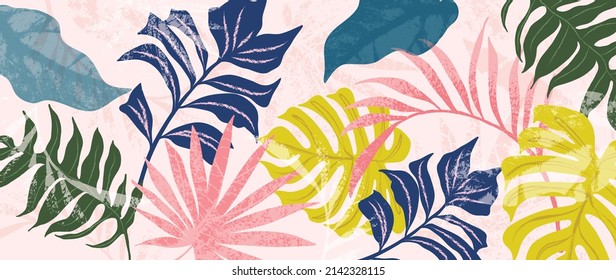 Abstract foliage and botanical background. Colorful tropical wallpaper of palm, monstera leaves, branch and jungle. Exotic plants in summer on pink background for banner, prints, decor, wall art.