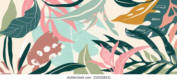 Abstract foliage and botanical background. Colorful tropical wallpaper of palm, monstera leaves, branch and jungle. Exotic plants in summer on warm background for banner, prints, decor, wall art.