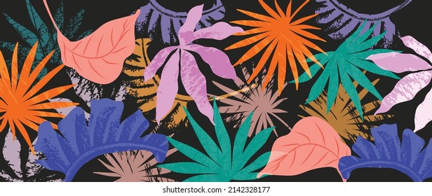 Abstract foliage and botanical background. Colorful tropical wallpaper of palm, monstera leaves, branch and jungle. Exotic plants in summer on black background for banner, prints, decor, wall art.