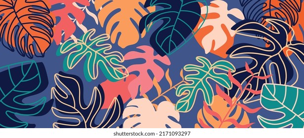 Follaje abstracto y fondo botánico. Papel colorido del bosque tropical de hojas de monstera, palma, ramas dibujadas a mano. Plantas exóticas de fondo para carteles, huellas, decoración, arte mural.