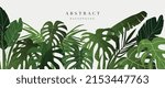 Abstract foliage and botanical background. Green tropical forest wallpaper of monstera leaves, palm leaf, branches in hand drawn pattern. Exotic plants background for banner, prints, decor, wall art.