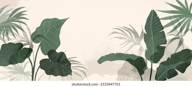 Abstract foliage and botanical background. Green tropical forest wallpaper of monstera leaves, palm leaf, branches in hand drawn pattern. Exotic plants background for banner, prints, decor, wall art.