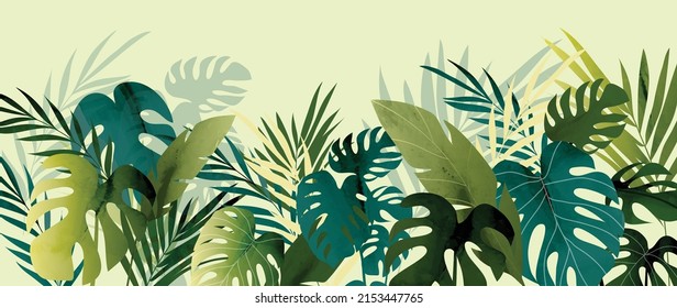 Abstract foliage and botanical background. Green tropical forest wallpaper of monstera leaves, palm leaf, branches in hand drawn pattern. Exotic plants background for banner, prints, decor, wall art.