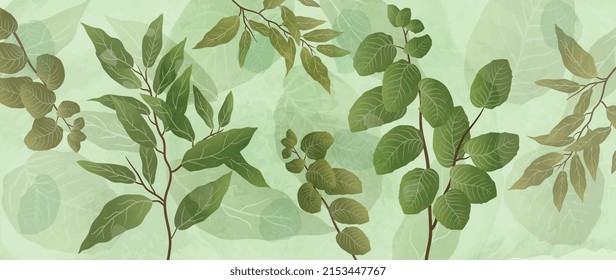 Abstract foliage and botanical background. Green tropical forest wallpaper of leaves, tree, leaf branches. Exotic plants with watercolor texture background for banner, prints, decor, wall art.