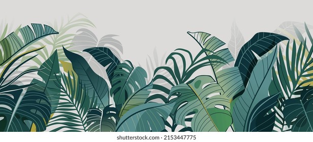 Abstract foliage and botanical background. Green tropical forest wallpaper of monstera leaves, palm, branches in hand drawn pattern. Exotic plants background for banner, prints, decor, wall art.