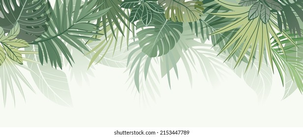 Abstract foliage and botanical background. Green tropical forest wallpaper of monstera leaves, palm leaf, branches in hand drawn pattern. Exotic plants background for banner, prints, decor, wall art.