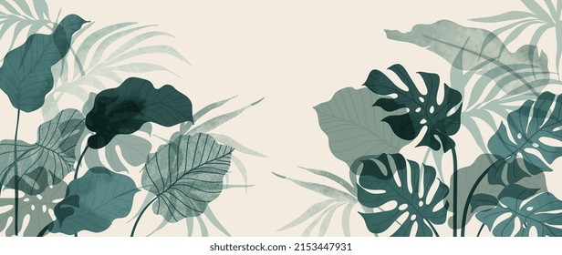 Abstract foliage   botanical background  Green tropical forest wallpaper monstera leaves  palm leaf  branches in hand drawn pattern  Exotic plants background for banner  prints  decor  wall art 