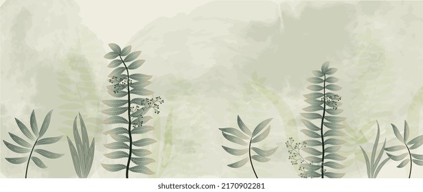 Abstract foliage and botanical background. Green tropical forest wallpaper of leaf branch, wildflowers, grass, fern in hand drawn. Watercolor exotic plants for banner, prints, decor, wall art.