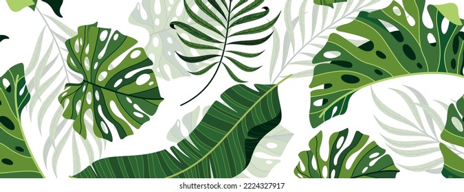 Abstract foliage and botanical background. Green tropical forest wallpaper of monstera leaves, palm leaf, branches in hand drawn pattern.