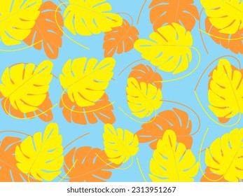 Abstract foliage and botanical background. Green tropical forest wallpaper of monstera leaves, palm fronds, branches with hand drawn pattern. Exotic plant background for banners, prints, decorations, 