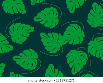 Abstract foliage and botanical background. Green tropical forest wallpaper of monstera leaves, palm fronds, branches with hand drawn pattern. Exotic plant background for banners, prints, decorations, 