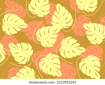 Abstract foliage and botanical background. Green tropical forest wallpaper of monstera leaves, palm fronds, branches with hand drawn pattern. Exotic plant background for banners, prints, decorations, 
