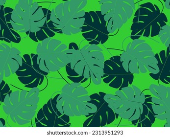 Follaje abstracto y fondo botánico. Papel pintado verde de selva tropical de hojas de monstera, frondas de palmera, ramas con patrón dibujado a mano. Fondo de planta exótica para banners, impresiones, decoraciones, 