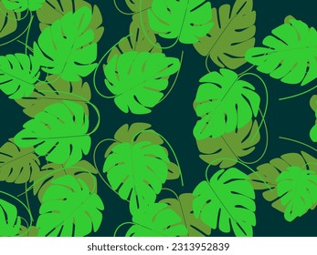 Abstract foliage and botanical background. Green tropical forest wallpaper of monstera leaves, palm fronds, branches with hand drawn pattern. Exotic plant background for banners, prints, decorations.