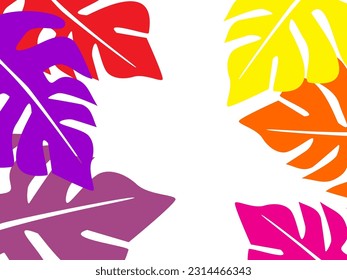 Abstract foliage and botanical background. Green tropical forest wallpaper of monstera leaves, palm fronds, branches with hand drawn pattern. Exotic plant background for banners, prints, etc.