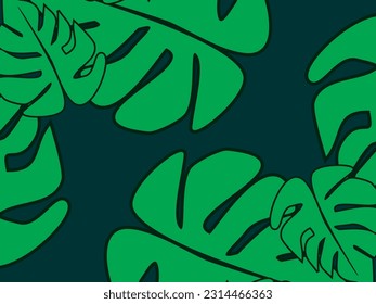 Abstract foliage and botanical background. Green tropical forest wallpaper of monstera leaves, palm fronds, branches with hand drawn pattern. Exotic plant background for banners, prints, etc.