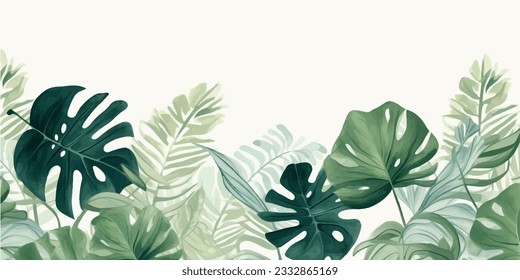 Abstract foliage and botanical background. Green tropical forest wallpaper of monstera leaves, palm leaf, branches in hand drawn pattern. Exotic plants background for banner, prints, decor, wall art.